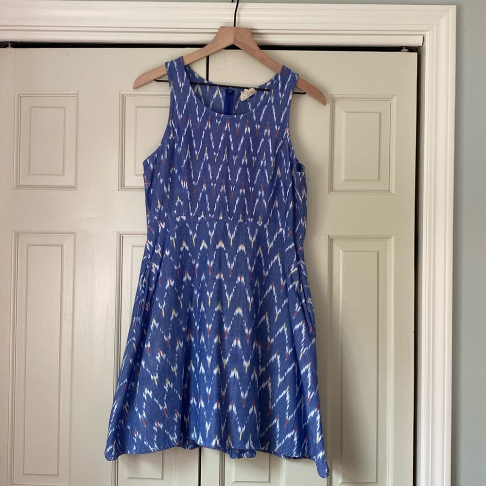 Mata Traders Blue Ikat Midi Dress with White & Pink Accents